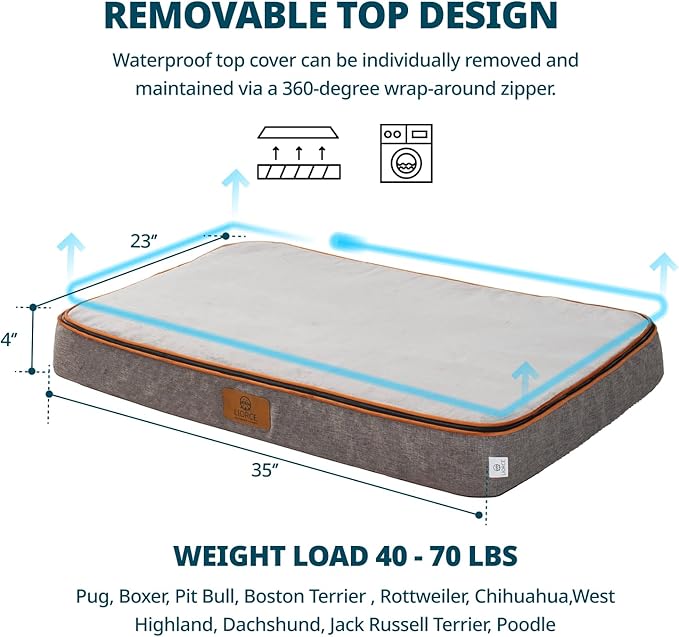Memory Foam Large Dog Bed - 4” Thick Orthopedic Beds for Large Dogs - Waterproof Dog Bed with Removable Washable Cover &amp; Wrap-Around Zipper - Ultimate Comfort and Easy Maintenance