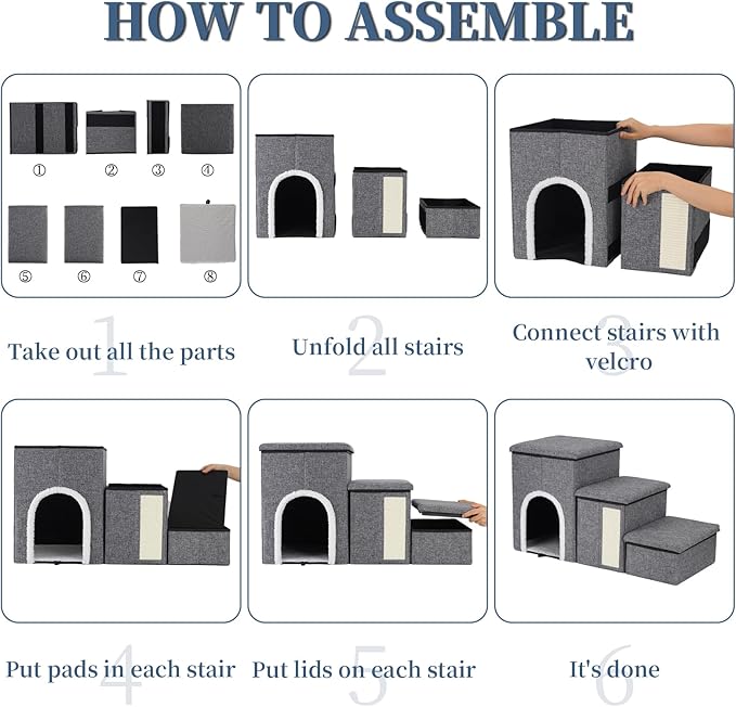 Dog Stairs for High Bed and Couch, 4 IN 1 Foldable Pet Stairs for Cats &amp; Small and Medium Dogs, Adjustable Dog Steps with Pet Climbing Ladders/Cozy Condo/Storage Boxes/Cat Scratcher, Hold Up to 180LBS