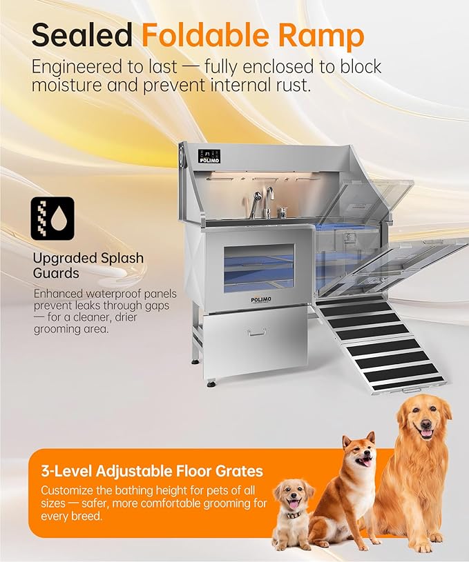 polimo Dog Wash Station with Pet Dryer &amp; LED, Professional Dog Bathing Station for Large, Medium &amp; Small Dogs – with Window, Ramp, Drawer, Floor Grate, LED Display &amp; Faucet (Right RAMP &amp; Dryer, 61")