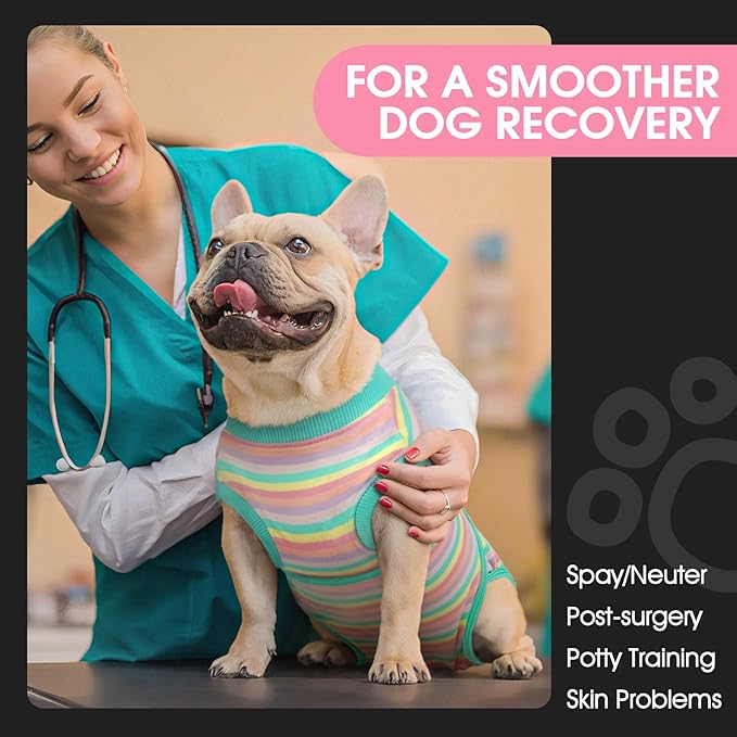 FUAMEY Recovery Suit for Dogs After Surgery,Soft Breathable Dog Bodysuit E-Collar &amp; Cone Alternative Surgical Suit,Male Female Dog Neuter Spay Suits Anti Licking Wounds Onesie Mint Green Stripes M