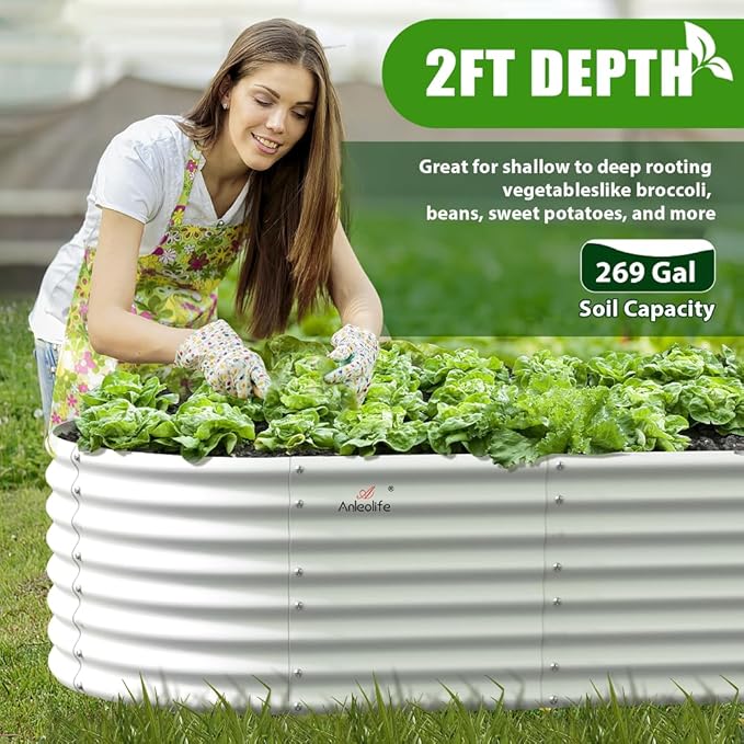 A ANLEOLIFE 6X3X2 ft Galvanized Raised Garden Beds Outdoor, Oval Large Metal Deep Root Planter Box for Planting Vegetables Flowers Herb, Anti-Rust &amp; Easy-Setup, Antique White