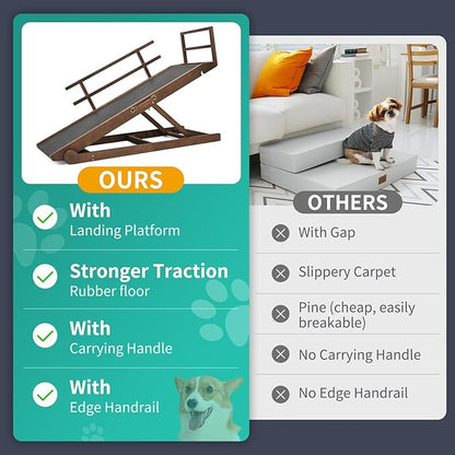 Dog Ramp, 5 Level Adjustable Wooden Folding Pet Ramp for Middle Bed, Couch,SUV-High Traction, Portable Paw Ramps for Small &amp; Large Old Dogs &amp; Cats - Furniture Quality