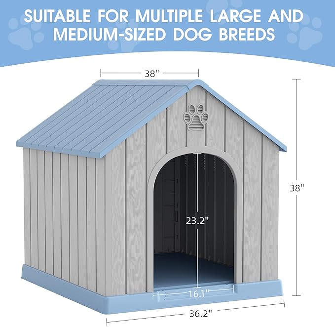 Large Outdoor Plastic Dog House - Indoor Outdoor Use for Medium &amp; Large Dogs, Durable Waterproof Doghouse with Air Vents, Elevated Floor, Easy to Clean &amp; Assemble(Blue2, 36.2&