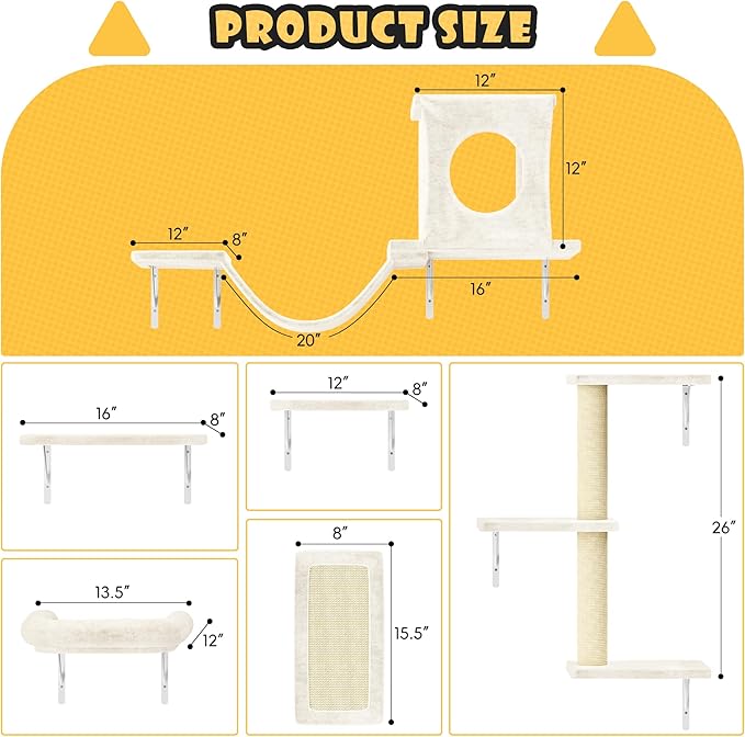 NUNU LAB Wall Mounted Cat Furniture, 6 Pcs Cat Wall Shelves with Condo House, Bridge, Steps, Scratcher, Hammock, Indoor Safe &amp; Stable Furniture for Kittens Play, Beige