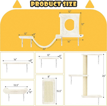 NUNU LAB Wall Mounted Cat Furniture, 6 Pcs Cat Wall Shelves with Condo House, Bridge, Steps, Scratcher, Hammock, Indoor Safe &amp; Stable Furniture for Kittens Play, Beige
