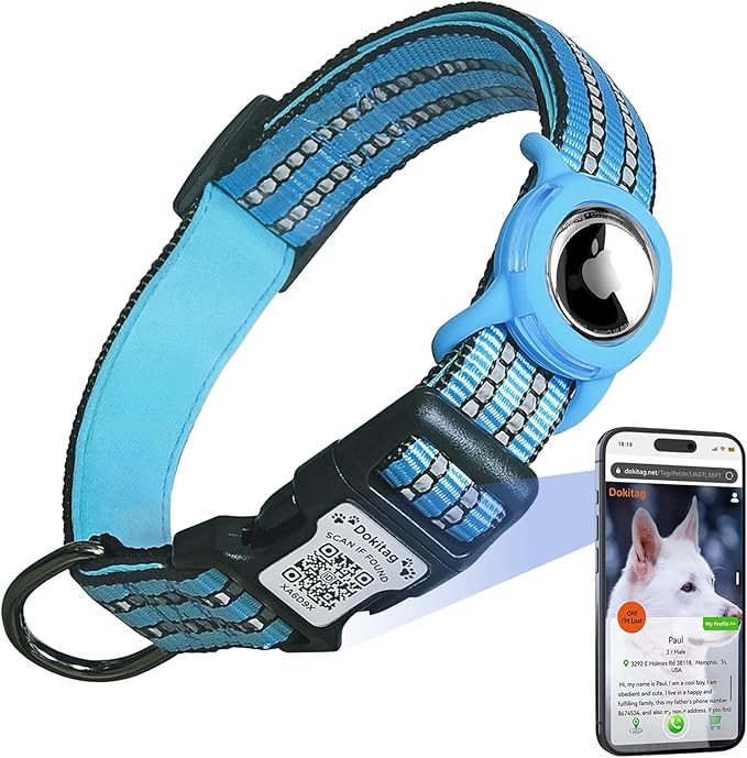 Reflective Dog Collar with Apple AirTag Holder &amp; QR Code Pet ID Tag,Soft Nylon Adjustable Dog Tracker Collar with Safety Lock for Medium Dogs(Blue, M)