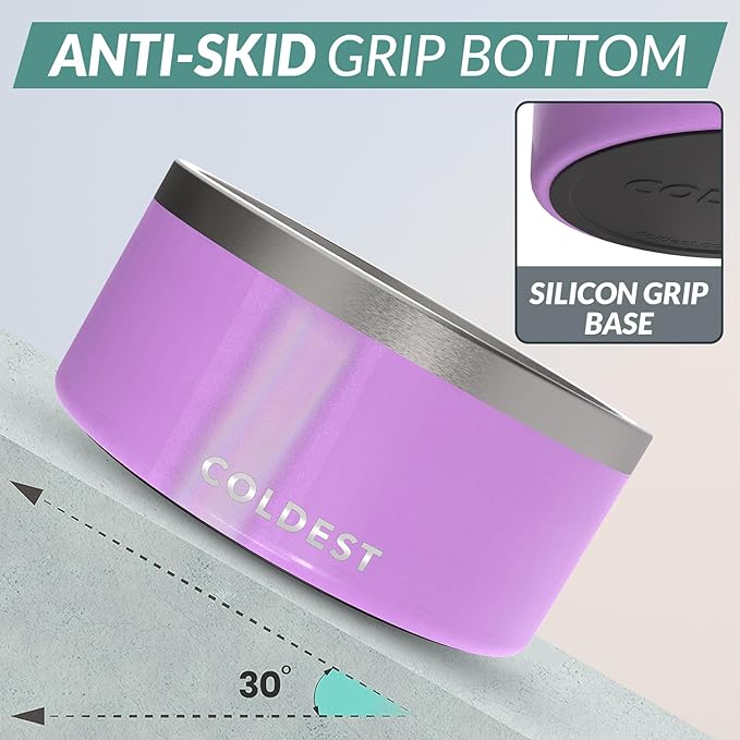 Coldest Dog Bowl - Anti Rust Metal, Non Slip, 3 Layers Insulated Stainless Steel Dog Bowls - Spill Proof &amp; Heavy Duty - Water Bowl for Dogs, Cats, Dish Washer Safe (200 oz, Saturns Purple Glitter)