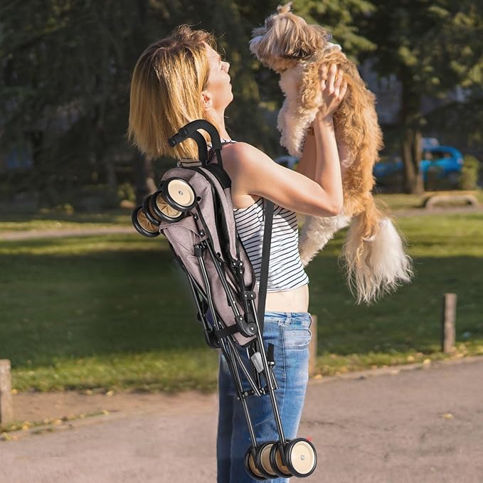 Umbrella Dog Stroller, 4 Wheels Pet Strolling, Foldable Carrier Pet Stroller for Small Dogs Cats, with Carrying Strap and Cup Holder, Dog Poop Bags &amp; Dispenser, Up to 33 lbs, Coffee