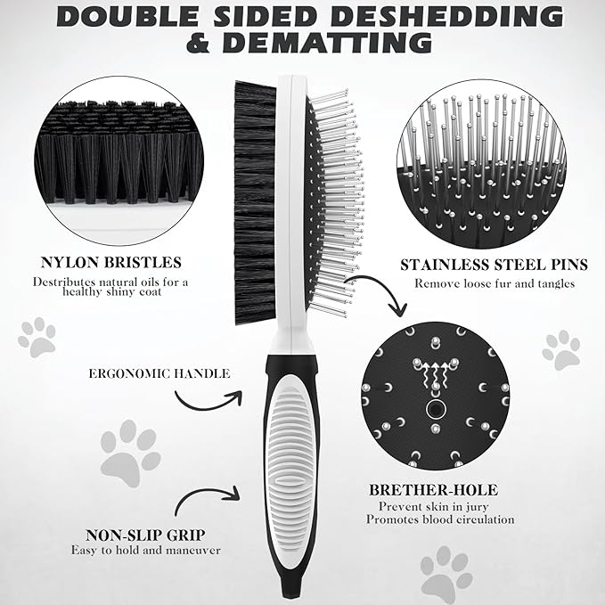 2PCS Pet Grooming Tools - Double-Sided Brush for Shedding and Bathing, Suitable for Short/Long Haired Dogs Cats and Horses, Deshedding Dog Brush, Mane &amp; Tail Combs for Horses - Pet Supplies (White)