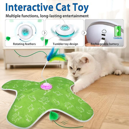 Interactive Cat Toys Rechargeable, Hide and Seek Kitten Toy with Touch Activated, Moving Concealed Feather, Tumbler Toy Design, Automatic Cat Toys for Indoor Cats to Chase and Exercise