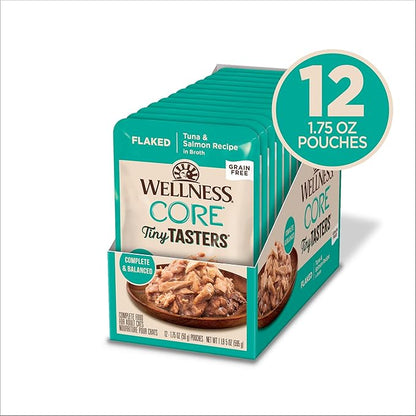 Wellness CORE Tiny Tasters Flaked Adult Wet Cat Food, Natural, Protein-Rich, Grain Free, 1.75-Ounce Pouch, 12 Pack, (Tuna &amp; Salmon)