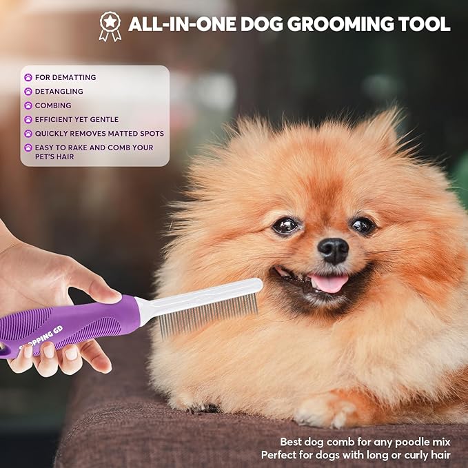 Detangling Pet Comb for Dogs &amp; Cats with Long &amp; Short Stainless Steel Metal Teeth for Removes Tangles and Knots - Detangler Grooming Tool for Dematting Matted Fur.