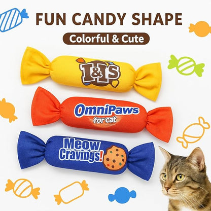 Catnip Candy Toys for Indoor Cats – 3-Pack Crinkle Cat Toys with Catnip Pouches, Durable Canvas &amp; Soft Filling, Cat Chew Toys for Kittens &amp; Adults (Yellow)