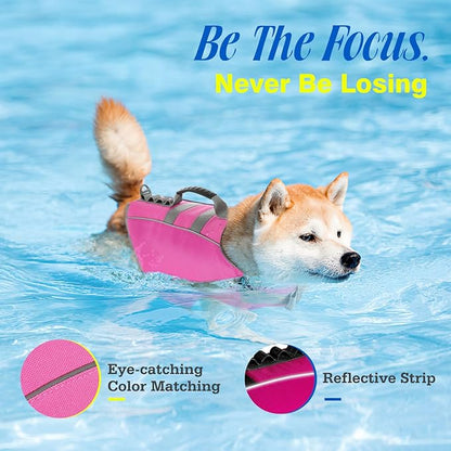 Pawaboo Dog Life Jacket, Reflective Dog Safety Vest Adjustable Pet Life Preserver with Strong Buoyancy &amp; Sturdy Rescue Handle, Ripstop Dog Lifesaver Vests for Swimming, Boating, L, Pink