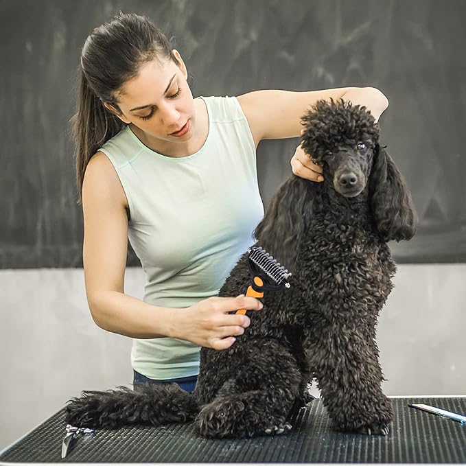 Pet Grooming Tool - 2 Sided Undercoat Rake for Cats and Dogs - Safe Dematting Comb for Easy Mats &amp; Tangles Removing - No More Nasty Shedding and Flying Hair