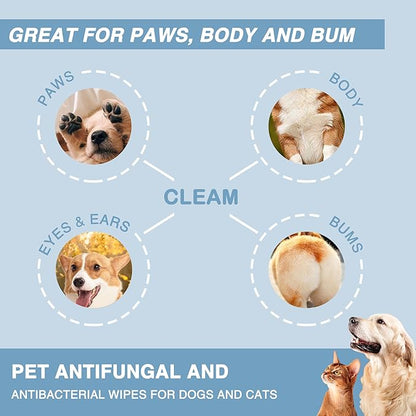 Antifungal and Antibacterial Wipes for Dogs &amp; Cats, Dog Yeast Infection Treatment Wipes, All Natural Grooming Wipes for Cleaning, Help with Hot Spots, Ringworm, and Skin Infections, 160 Count