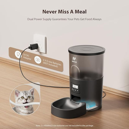 Automatic Cat Feeders, 3L Timed Cat Dry Food Dispenser, Dual Power Supply, Programmable Portion Size, 1-6 Meals Per Day, Auto Pet Feeder for Cats and Small Dogs