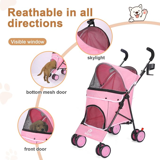 Umbrella Dog Stroller, 4 Wheels Pet Strolling, Foldable Carrier Pet Stroller for Small Dogs Cats, with Carrying Strap and Cup Holder, Dog Poop Bags &amp; Dispenser, Up to 33 lbs, Pink