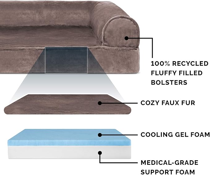 Furhaven Cooling Gel Dog Bed for Medium/Small Dogs w/ Removable Bolsters &amp; Washable Cover, For Dogs Up to 35 lbs - Faux Fur &amp; Velvet Sofa - Driftwood Brown, Medium