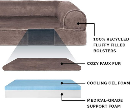 Furhaven Cooling Gel Dog Bed for Medium/Small Dogs w/ Removable Bolsters &amp; Washable Cover, For Dogs Up to 35 lbs - Faux Fur &amp; Velvet Sofa - Driftwood Brown, Medium