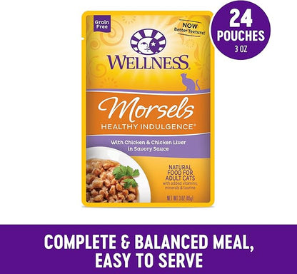 Wellness Healthly Indulgence Morsels Adult Wet Cat Food, Natural, Protein-Rich, Grain-Free, 3 Ounce Pouch, 24 Pack, (Chicken &amp; Chicken Liver)