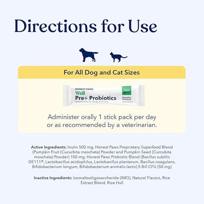 Honest Paws Probiotics for Dogs - Dog Digestion Gut Health Probiotic Powder with Prebiotic Made in The USA, Digestive and Immune Support - Digestive Enzymes with Pumpkin Flavor (30 Sticks)