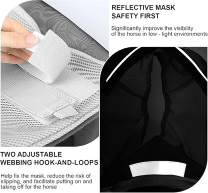 Luminous Horse Fly Mask with Long Nose, Ears, Full Face &amp; Eye Protection - Full Mesh, Detachable Nose Cover, Fleece Padded Edging, Hook-and-Loop Straps with Webbing, Hanging Straps Grey