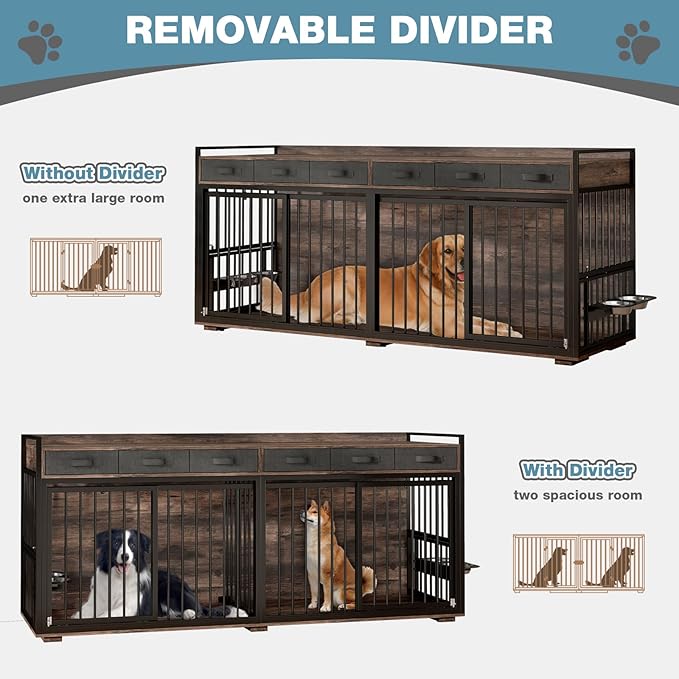 86.6Inch Large Double Dog Crate Furniture,Heavy Duty Metal Frame Dog Crate Kennel with Adjustable Feeder Bowls and Removable Divider&amp;Drawers,Chew-Resistant Dog Kennel for 2 Dogs Indoor