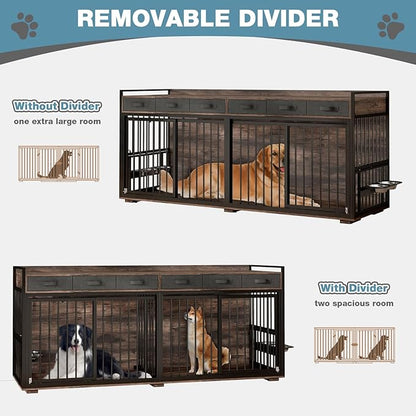 86.6Inch Large Double Dog Crate Furniture,Heavy Duty Metal Frame Dog Crate Kennel with Adjustable Feeder Bowls and Removable Divider&amp;Drawers,Chew-Resistant Dog Kennel for 2 Dogs Indoor