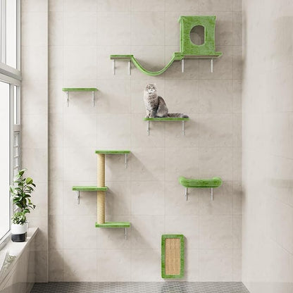 NUNU LAB Wall Mounted Cat Furniture, 6 Pcs Cat Wall Shelves with Condo House, Bridge, Steps, Scratcher, Hammock, Indoor Safe &amp; Stable Furniture for Kittens Play, Green
