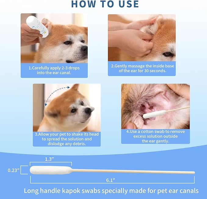 Tris Flush Cat &amp; Dog Ear Cleaner - Dog Ear Infection Treatment with PHMB, Removes Wax, Odo, Gentle &amp; Hypoallergenic, with 20 Cotton Qtips, 4 Fl oz