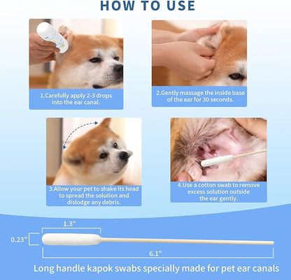 Tris Flush Cat &amp; Dog Ear Cleaner - Dog Ear Infection Treatment with PHMB, Removes Wax, Odo, Gentle &amp; Hypoallergenic, with 20 Cotton Qtips, 4 Fl oz