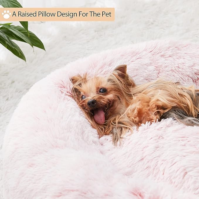 WNPETHOME Calming Dog Bed &amp; Cat Bed Donut, Faux Fur Self-Warming Donut Cuddler, Comfortable Round Plush Pet Beds (27 x 27 x 8 Inch, Light Pink)