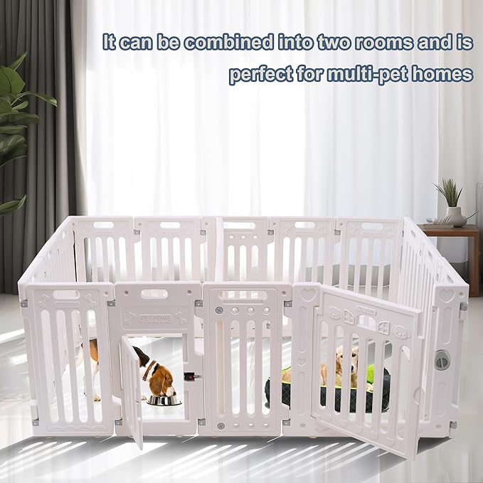 2 Room Dog Playpen with Door,DIY Shape Combination Puppy Pen,16-Panel+2 Link Piece+Large Door+Small Door,25.5" H Dog Fence,Non-Slip&amp;Secure Pet Gate,Easy to Assemble (Two Rooms)