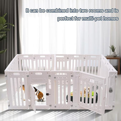 2 Room Dog Playpen with Door,DIY Shape Combination Puppy Pen,16-Panel+2 Link Piece+Large Door+Small Door,25.5" H Dog Fence,Non-Slip&amp;Secure Pet Gate,Easy to Assemble (Two Rooms)