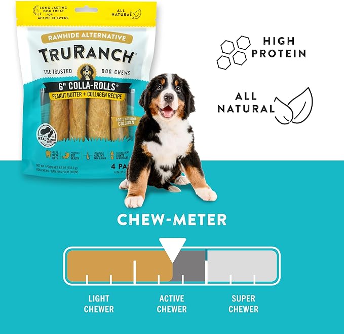 Collagen Rolls - 6" Collagen Rolls for Dogs - Long Lasting Healthy Joint Support Dog Treat - Rawhide Alternative - Skin &amp; Coat Health - Made with Real Peanut Butter, 1 Bag, 4 Count