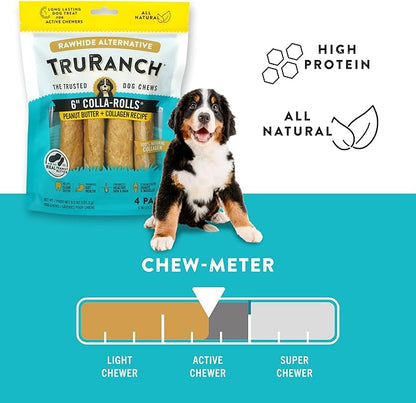 Collagen Rolls - 6" Collagen Rolls for Dogs - Long Lasting Healthy Joint Support Dog Treat - Rawhide Alternative - Skin &amp; Coat Health - Made with Real Peanut Butter, 1 Bag, 4 Count