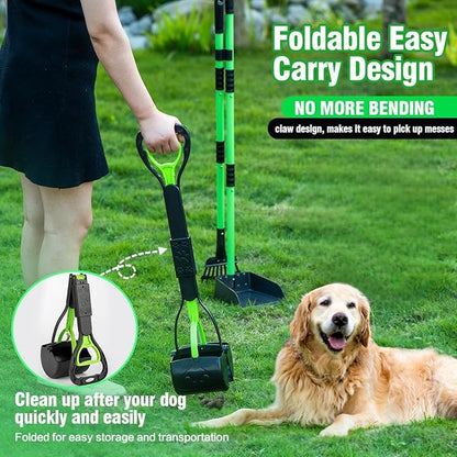 MXF Dog Pooer Scooper Set, 2 in 1 Pet Poop Scooper with Long Handle 28" Dog Poop Picker Upper and Stainless Metal Tray &amp; Rake for Medium &amp; Small Dogs, Heavy Duty for Grass, Dirt, Gravel