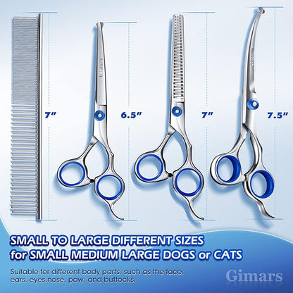 Gimars Professional 5 in 1 Grooming Scissors for Dogs 4CR with Safety Round Tip, Heavy Duty Titanium Coated Straight &amp; Thinning &amp; Curved Shears