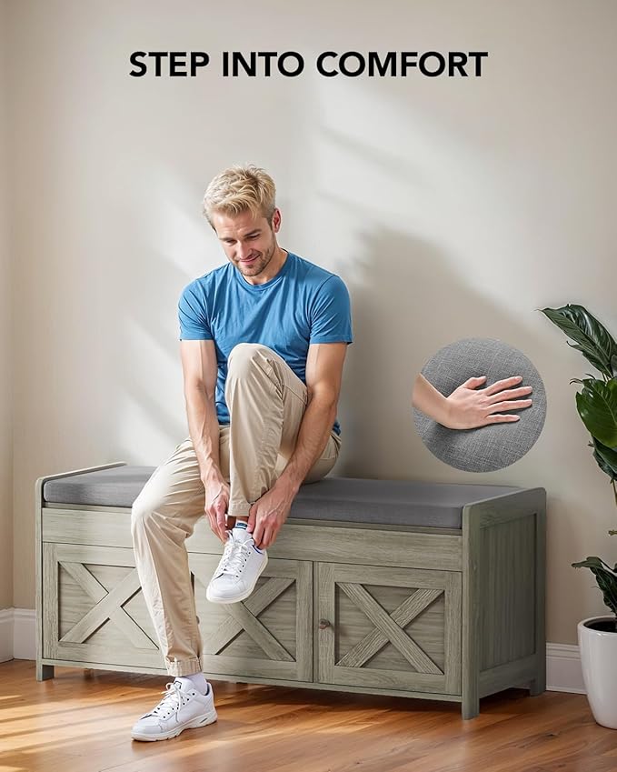 Amada Shoe Bench, Entryway Bench with Cushioned Seat &amp; Lift Top Storage, 3 Doors, Adjustable Shelf, 300 lbs Capacity, Storage Bench with Shoe Rack for Entryway, Bedroom, Living Room, Gray