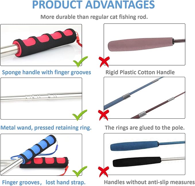 2pcs Retractable Wand Toys, Cat Fishing Rod with 11 Pcs Feather Refills for Indoor &amp; Outdoor Cats