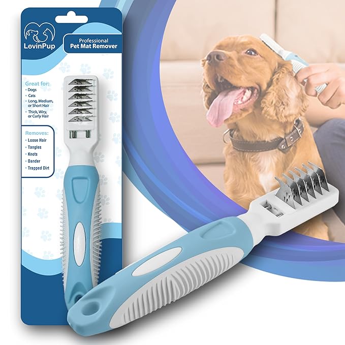 Pet Mat Remover Easily removes Mats Professionally from your DOGS &amp; CATS and Straightens Tuft &amp; Knotted Pet hair. Extremely Gentle on pets, works on Sensitive Skin too! Blue