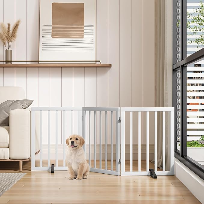 Dog Gates for The House Freestanding Foldable Pet Gates for Doorways 3 Panels 24&