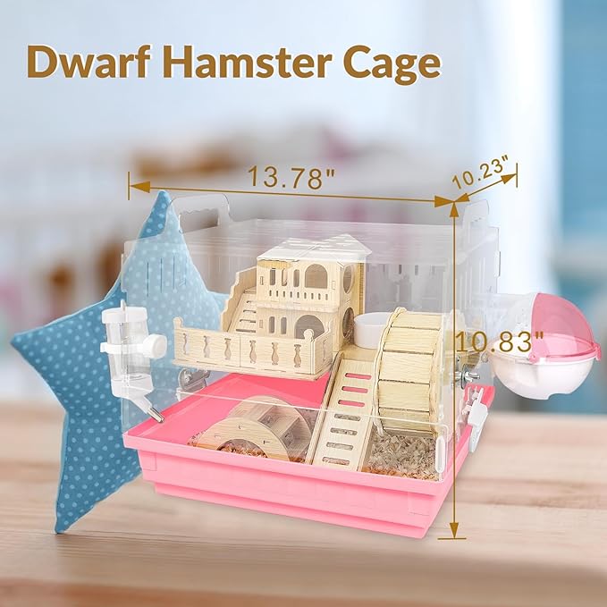 Cycodo 8 in 1 Acrylic Hamster Cage,2-Tier Dwarf Hamster Cage with Wooden Wheel &amp; Hideout,Small Hamster Habitat with Accessories,Clear Pet Mice House(Pink,14" L*10" W*11" H)