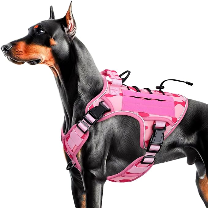 Heavy-Duty Tactical Dog Harness for Large Dogs, No Pull Adjustable Reflective Pet Vest with Molle System, K9 Military-Grade Control for Service Training, Outdoor &amp; 10+ Breeds, Pink Camo, Large