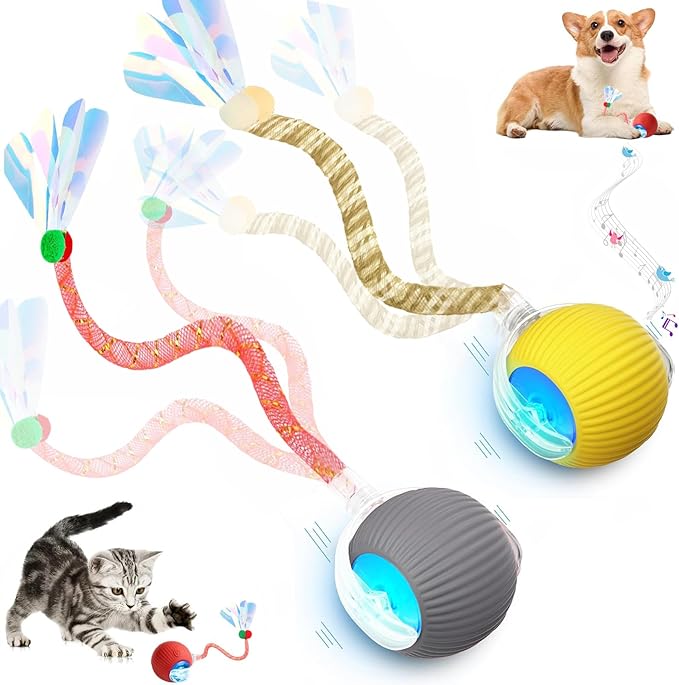 2 Packs Speed 2.0 Tail Interactive Cat Toys for Indoor Cats, Chirping &amp; Motion Activate Ca t Toy, Smart Kitten Rolling Ball Moving Ball Toys, Rechargeable Dog Cat Bal l for Enrichment Exercise