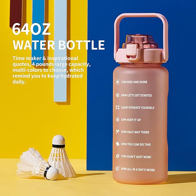 64oz,100oz,128oz Large Motivational Water Bottle with Time Marker, Leakproof &amp; BPA Free Half Gallon Big Water Bottle with Straw Handle Tritan Frosted Water Jug for Gym,Fitness,Outdoor Sports