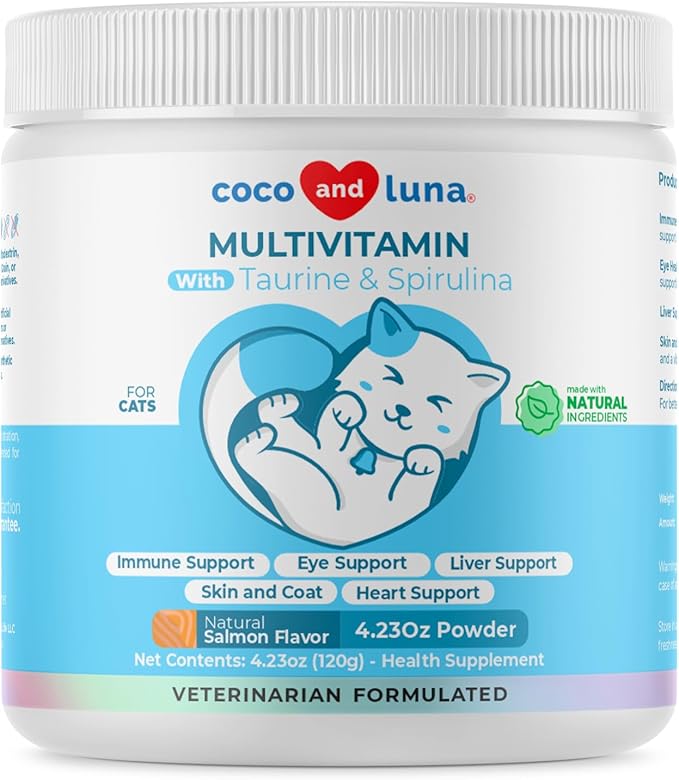 Multivitamin for Cats - 4oz Powder - L-Lysine, Taurine, and Spirulina for Immune Support and Eye Health - Fish Oil &amp; Vitamins for Skin and Heart Health. (for Cats)