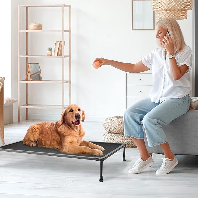 Veehoo Chewproof Elevated Dog Bed - Cooling Raised Pet Cot, Breathable Mesh, Washable &amp; Non-Slip for Large Dogs, Indoor/Outdoor, Black Mat and Black Frame, 42x30inches (Model CWC2203A03)
