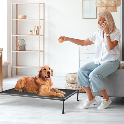 Veehoo Chewproof Elevated Dog Bed - Cooling Raised Pet Cot, Breathable Mesh, Washable &amp; Non-Slip for Large Dogs, Indoor/Outdoor, Black Mat and Black Frame, 42x30inches (Model CWC2203A03)